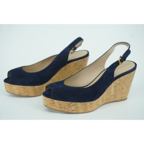 Stuart Weitzman Jean Blue Suede Slingback Cork Wedge Heel Sandal SZ 11 New - Picture 8 of 9